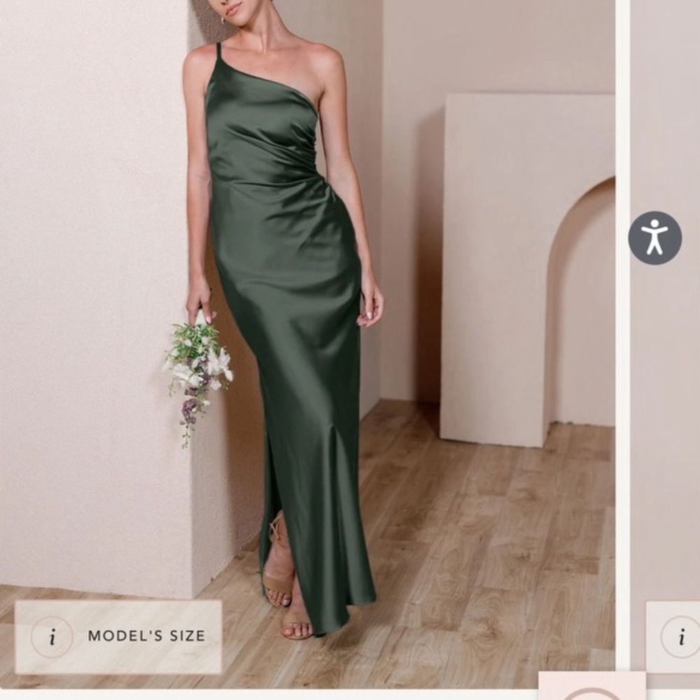 Revelry deep Olive One-Shoulder Satin Bridesmaid Dress size 6